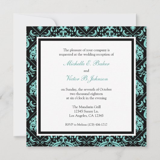 Elegant Aqua Blue en Black Damask Reception slecht Kaart (Achterkant)
