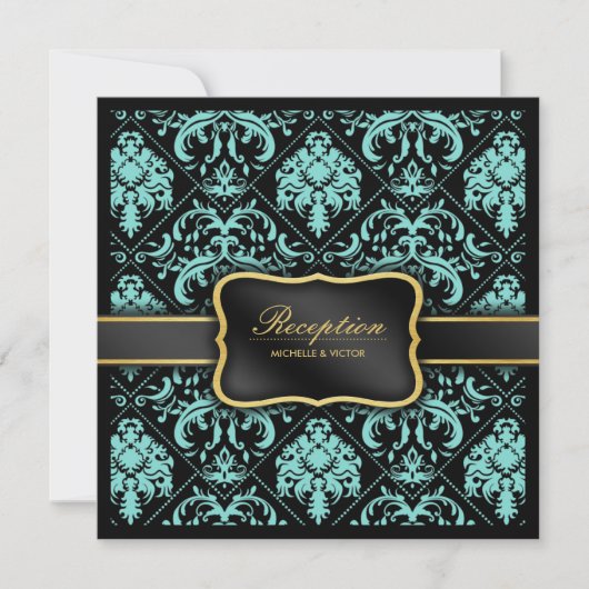 Elegant Aqua Blue en Black Damask Reception slecht Kaart (Voorkant)