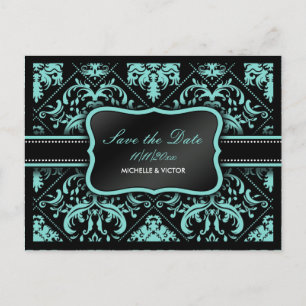 Elegant Aqua Blue en Black Damask Save the Date Aankondigingskaart