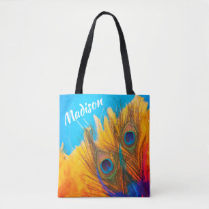 Elegant Aqua Blue en Gele Peacock's Feathers Tote Bag