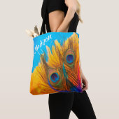 Elegant Aqua Blue en Gele Peacock's Feathers Tote Bag (Dichtbij)