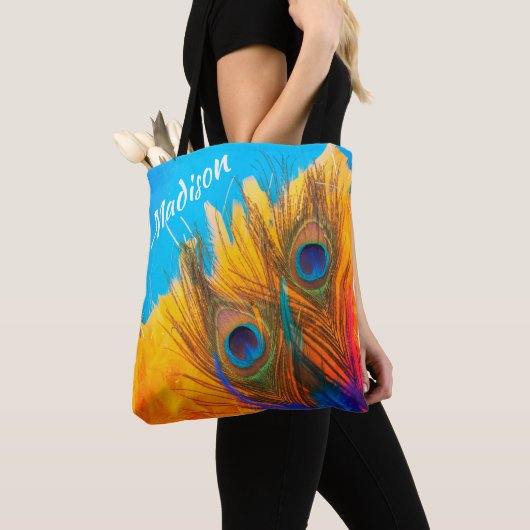 Elegant Aqua Blue en Gele Peacock's Feathers Tote Bag (Dichtbij)