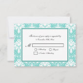 Elegant Aqua Blue en White Damask Monogram RSVP (Achterkant)