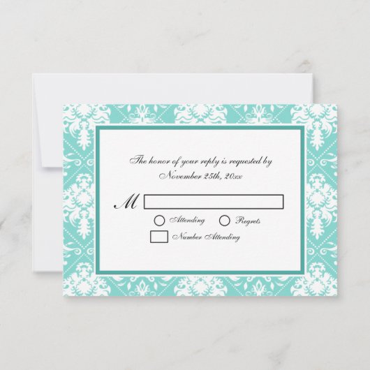 Elegant Aqua Blue en White Damask Monogram RSVP (Achterkant)