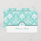 Elegant Aqua Blue en White Damask Monogram RSVP (Voorkant / Achterkant)