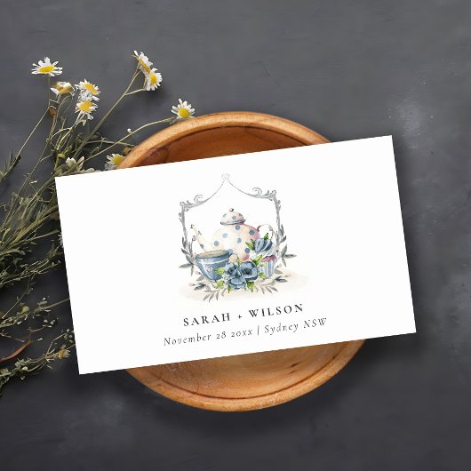 Elegant Aqua Blue floral Teapot Cup Crest Weddensc Plaatskaartje
