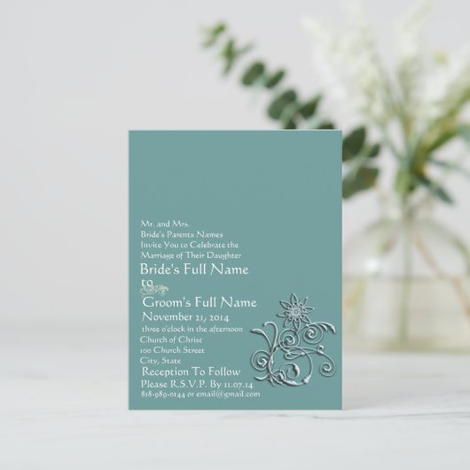 Elegant Aqua Blue Flower Wedding Uitnodiging (Staand voorkant)