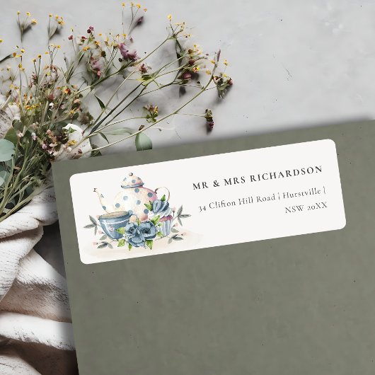 Elegant Aqua Blue Foral Teapot Cup Cake Address Etiket