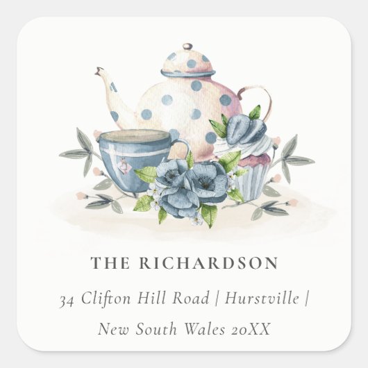 Elegant Aqua Blue Foral Teapot Cup Cake Address Vierkante Sticker (Voorkant)