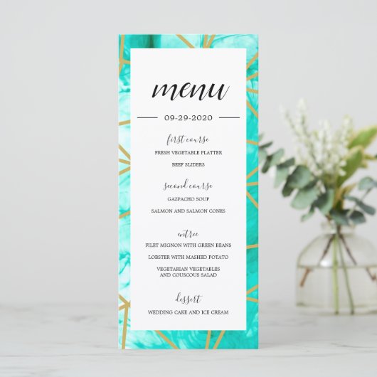 Elegant Aqua Blue Geometric Gold Menu (Staand voorkant)