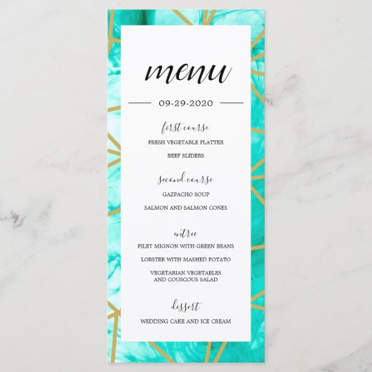 Elegant Aqua Blue Geometric Gold Menu (Voorkant)