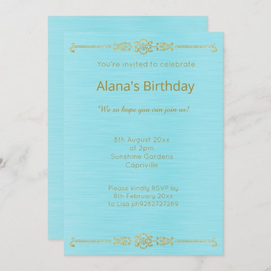ELEGANT AQUA BLUE GOLD GRORDER INVITATION KAART (Voorkant / Achterkant)