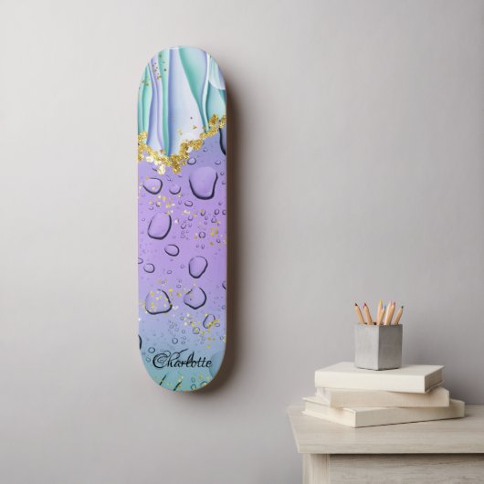 Elegant Aqua Blue Gradient Ombre Aangepaste naam Persoonlijk Skateboard (Muurkunst)