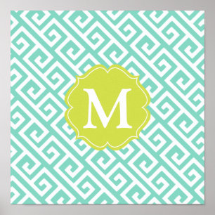 Elegant Aqua Blue Greek Key Gepersonaliseerd Poster