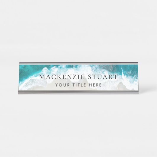 Elegant Aqua Blue Green Beach Script Bureau Naambordje (Voorkant)