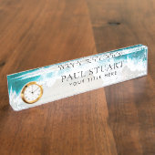 Elegant Aqua Blue Green Beach Script Naambordje (Zijkant)