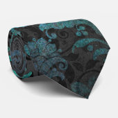 Elegant Aqua Blue Grunge Damask Floral Stropdas (Opgerold)
