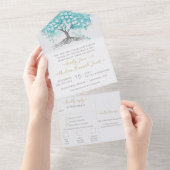 Elegant Aqua Blue Heart Leaf Tree Wedding All In One Uitnodiging (Afscheurbaar)