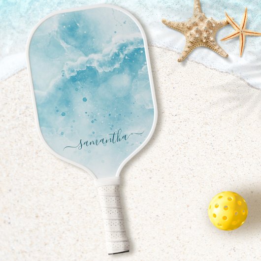 Elegant Aqua Blue Ocean Coastal Monogrammed Pickleball Paddle