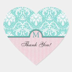 Elegant Aqua Blue & Pink Damask Dank u Hart Sticker