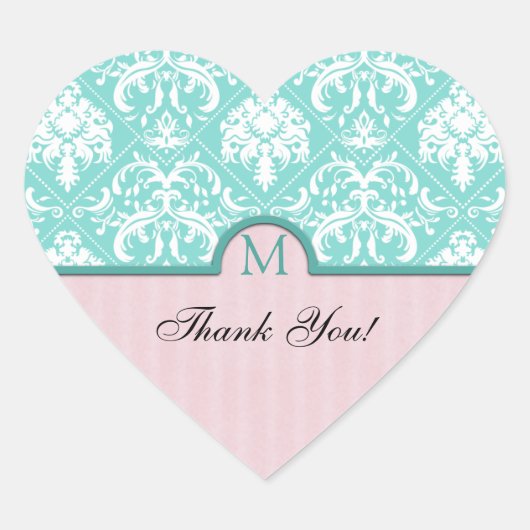 Elegant Aqua Blue & Pink Damask Dank u Hart Sticker (Voorkant)