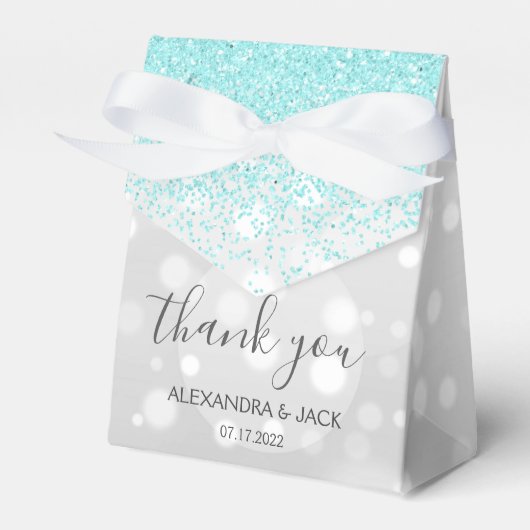 Elegant Aqua Blue Silver Sparkly Glitter Bruiloft Bedankdoosjes (Voorkant Zijde)