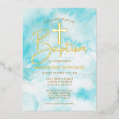 Elegant Aqua Blue Waterverf Gold Cross Doop Folie Uitnodiging (Voorkant)