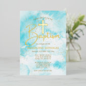 Elegant Aqua Blue Waterverf Gold Cross Doop Folie Uitnodiging (Staand Voorkant)