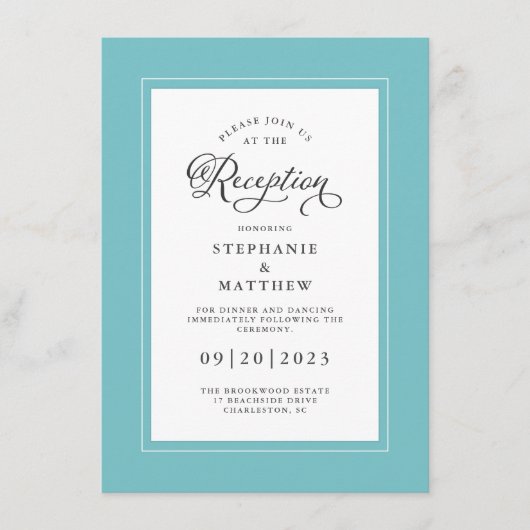 Elegant Aqua Blue Wedding Reception Chic Borders Informatiekaartje (Voorkant)
