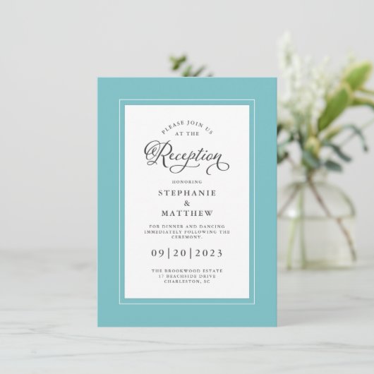 Elegant Aqua Blue Wedding Reception Chic Borders Informatiekaartje (Staand voorkant)