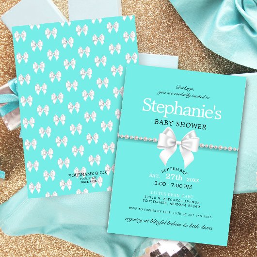 Elegant Aqua Blue White Bow Tiffany Baby shower Kaart