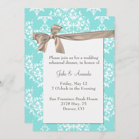 Elegant Aqua Damask Rehearsal Dinner Invitation Kaart (Voorkant / Achterkant)