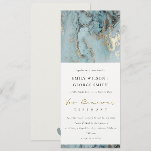 ELEGANT AQUA DUSKY BLUE GOLD AGATE VOW RENEWAL KAART (Voorkant / Achterkant)