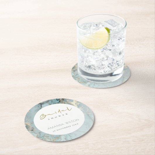 ELEGANT AQUA DUSKY BLUE GOLD AGATE VRIJGEZELLENFEE RONDE KARTONNEN ONDERZETTER (Insitu)