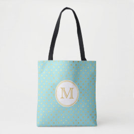 Elegant Aqua en Gold Polka Dots met monogram Tote Bag