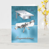 Elegant Aqua en Silver Afstuderen Kaart (Gele Bloem)