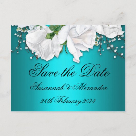 Elegant Aqua en White Rose Bouquet Save the Date Aankondigingskaart (Voorkant)