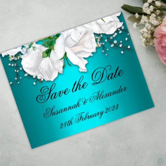 Elegant Aqua en White Rose Bouquet Save the Date Aankondigingskaart
