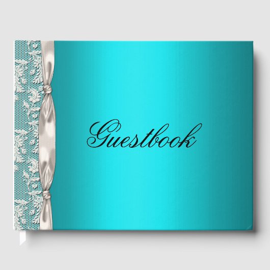 Elegant Aqua en White Satin Ribbon Wedding Gastenboek (Voorkant)