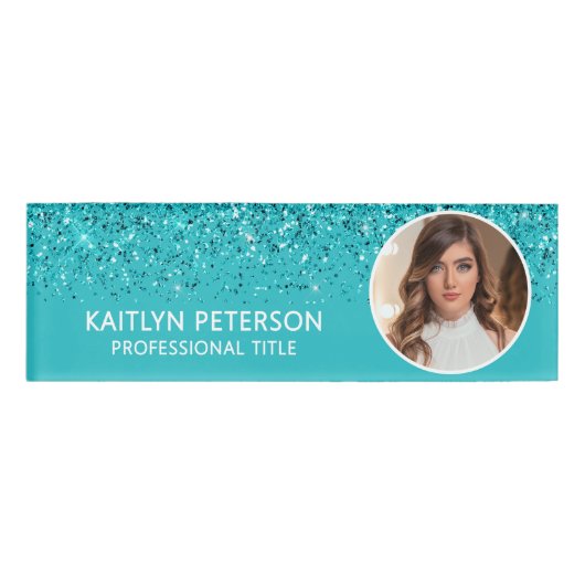 Elegant Aqua Glitter Employee Photo ID Naambadge (Voorkant)