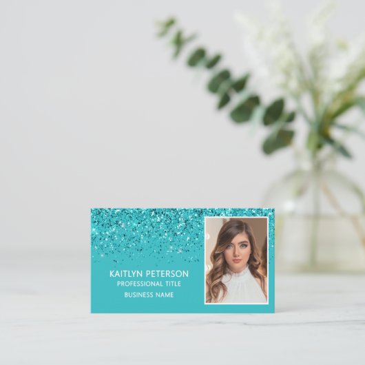 Elegant Aqua Glitter Photo QR Code Visitekaartje (Staand voorkant)