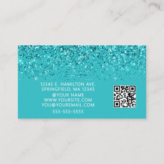 Elegant Aqua Glitter Photo QR Code  Visitekaartje (Achterkant)