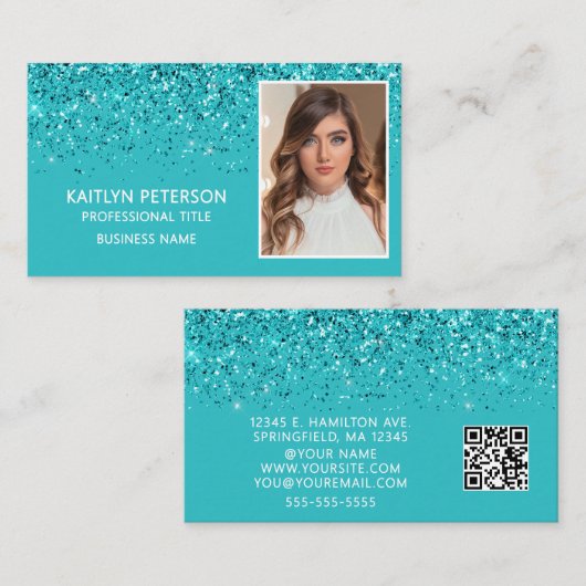 Elegant Aqua Glitter Photo QR Code  Visitekaartje (Voorkant / Achterkant)