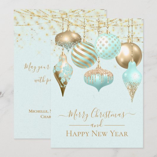 Elegant Aqua Gold Ornamenten Merry Kerstmis Kaart (Voorkant / Achterkant)