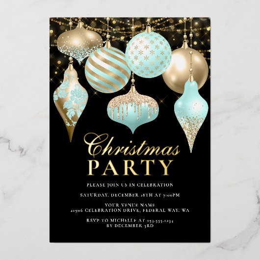Elegant Aqua Gold Ornaments kerstfeest Folie Uitnodiging (Voorkant)