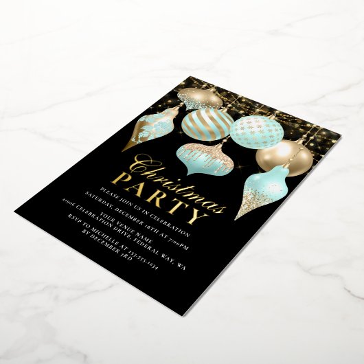 Elegant Aqua Gold Ornaments kerstfeest Folie Uitnodiging (Gedraaid)