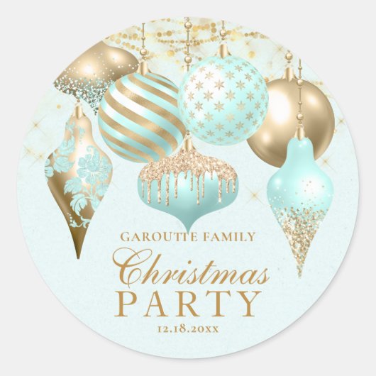 Elegant Aqua Gold Ornaments kerstfeest Ronde Sticker (Voorkant)