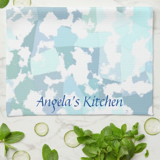 Elegant Aqua Gray en White Abstract Geometric Theedoek (Gevouwen)