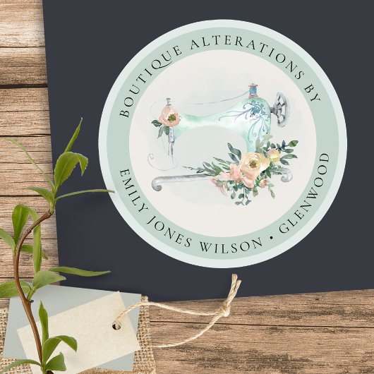 Elegant Aqua Gray Sewing Machine Floral Tailor Ronde Sticker