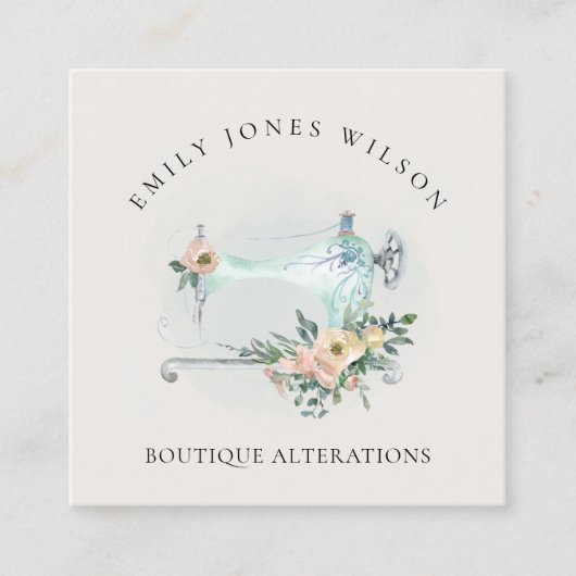 Elegant Aqua Gray Sewing Machine Floral Tailor Vierkante Visitekaartje (Voorkant)